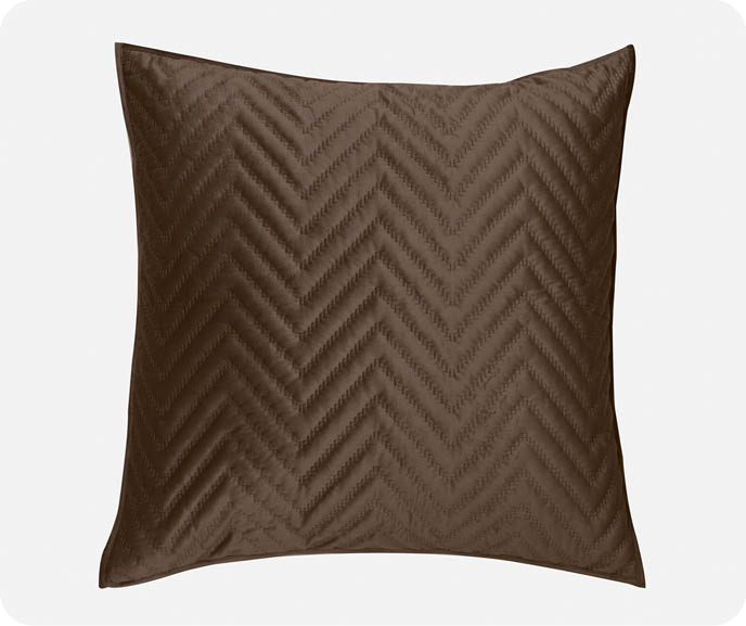 Our Quilted Chevron Euro Sham in Java features a brown textured design with zigzag stitching. Pictured on a white background.