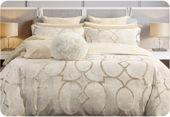 Our Boulevard Bedding Collection features a cream and gold design and coordinating pillow shams