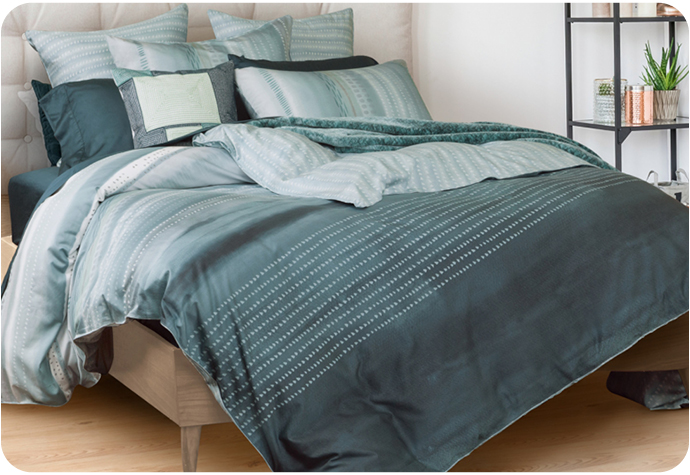 Our teal blue Sicily Bedding Collection features a gradient toned duvet cover and coordinating pillow shams and cushions