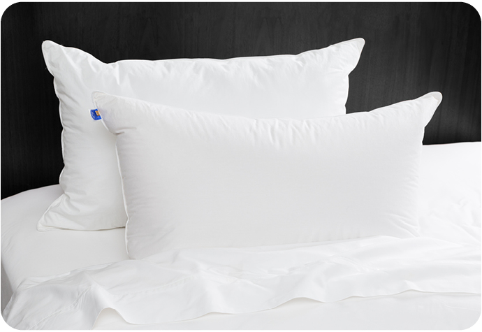 Two white down pillows on white sheet with dark background