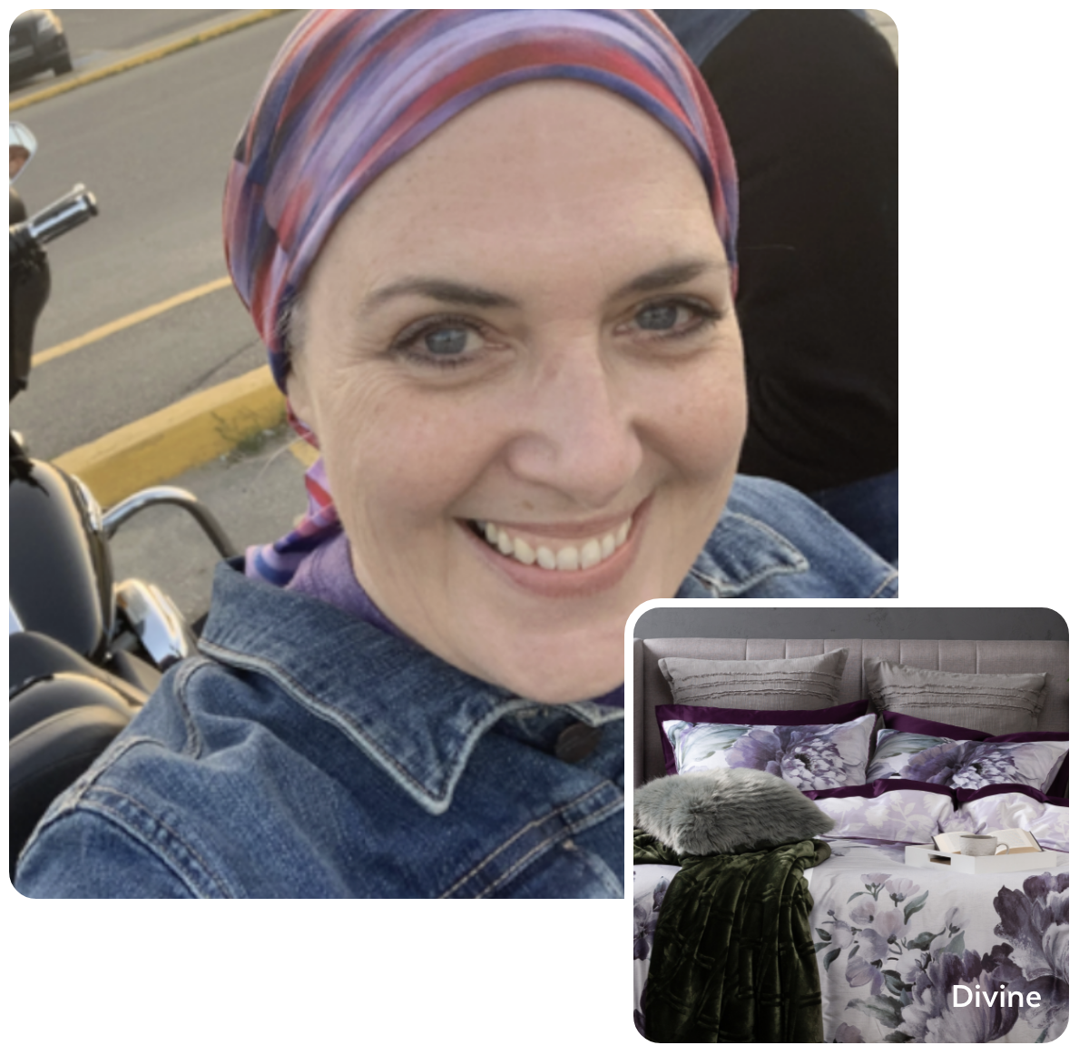 Alana H., taking a motorcycle selfie + her fave bedding Woman with a motorcycle, and her favourite bedding in a split image