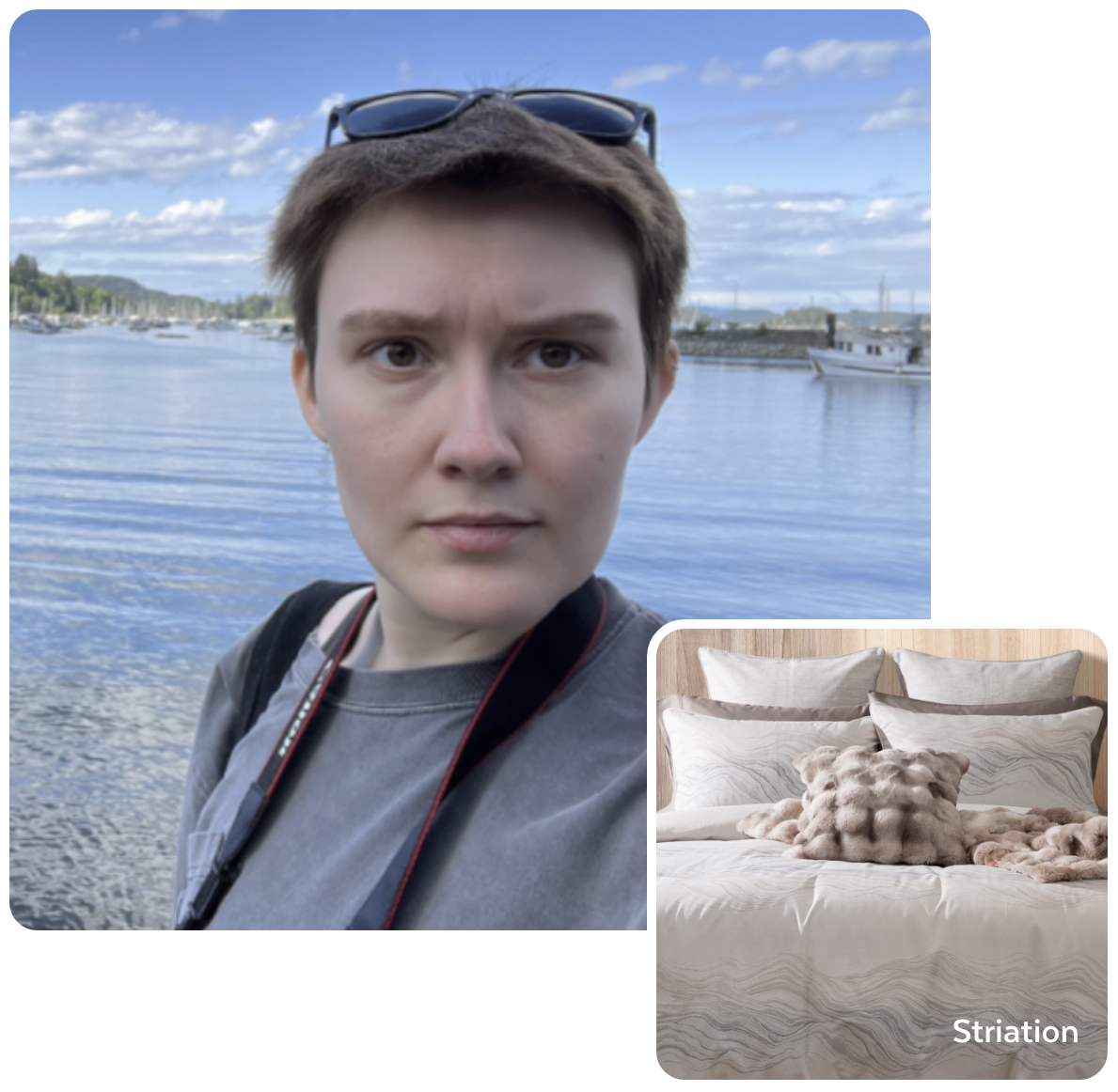 Alexx O. + her fave QE bedding Split image of our employee and her favourite bedding