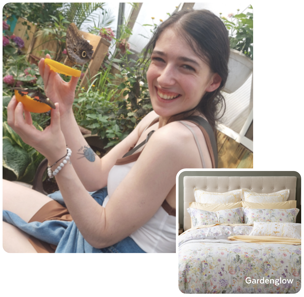 Alysha H. with her favourite bedding collection Young woman smiling and holding tropical fruit