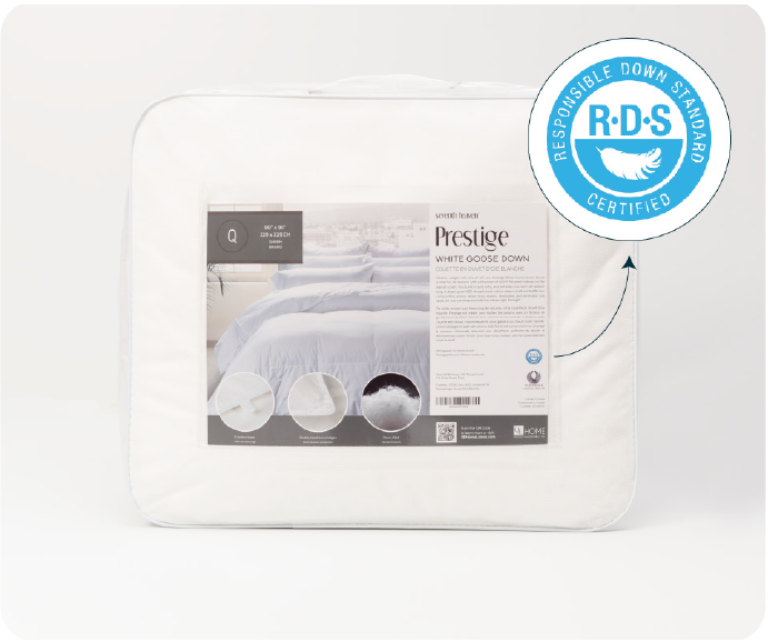 Close-up of a Responsible Down Standard logo on the packaging for a Prestige Down Duvet.