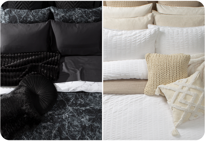 Collage image of our Bianco Duvet Cover and Kailua Duvet Cover and coordinating accessories.