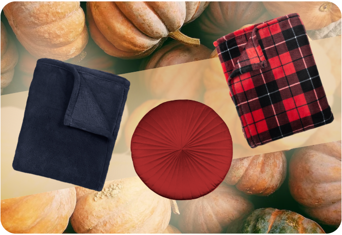 Collage image of our Velveteen and Plaid throws and Round Mandarin Velvet Cushion in Red