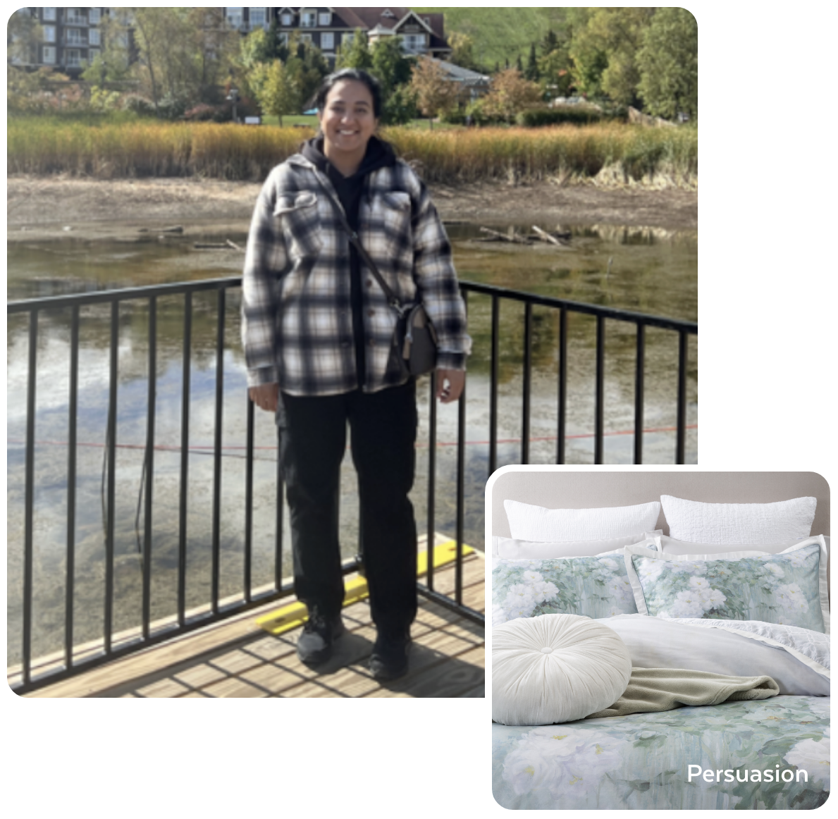 Mahnoor M., + her favourite QE bedding Scenic picture of our employee, in a split image with her favourite bedding