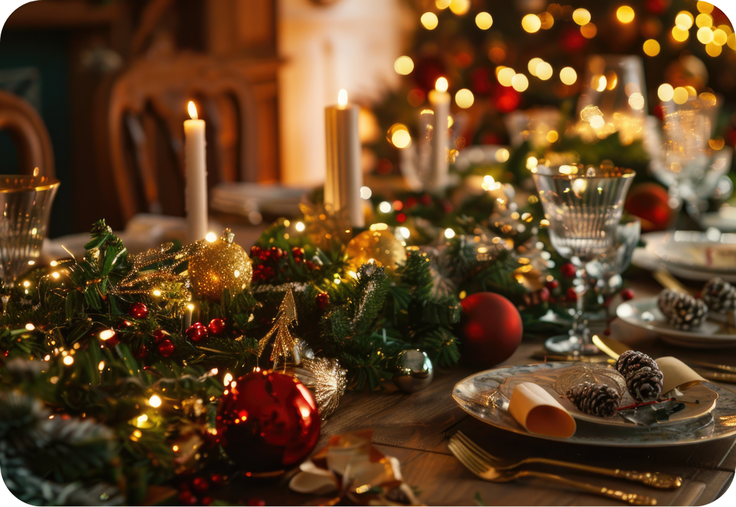 A dining table decorated for a holiday dinner.