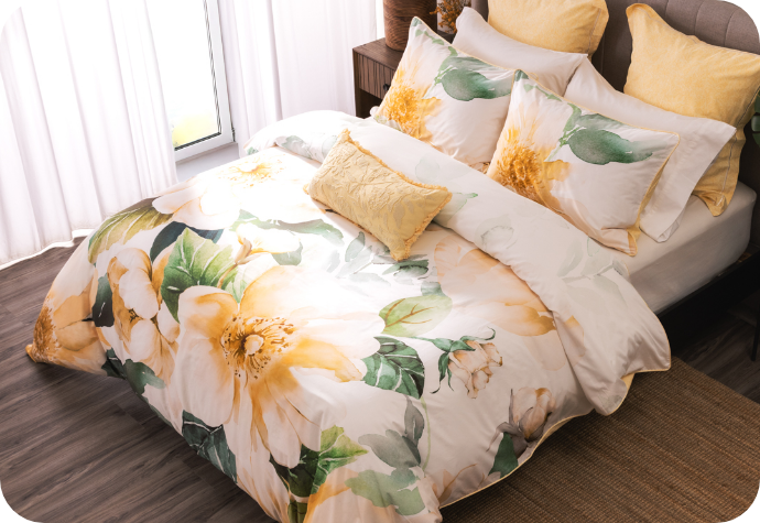 Our Oriana Collection Top-down view of our Oriana collection dressing a queen bed.