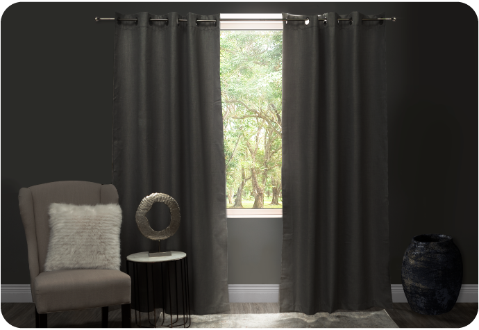 Our grey Blackout Curtains blocking light from entering a dark bedroom.