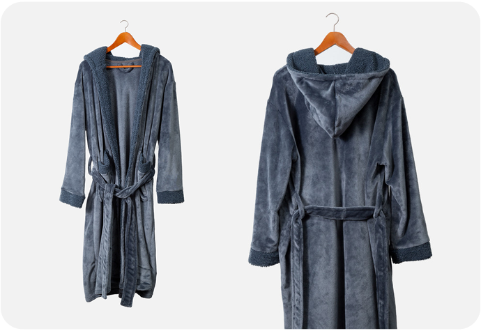 Our Thundercloud Fleece Boucle Bathrobe featuring a hood and dark grey fleece trim.