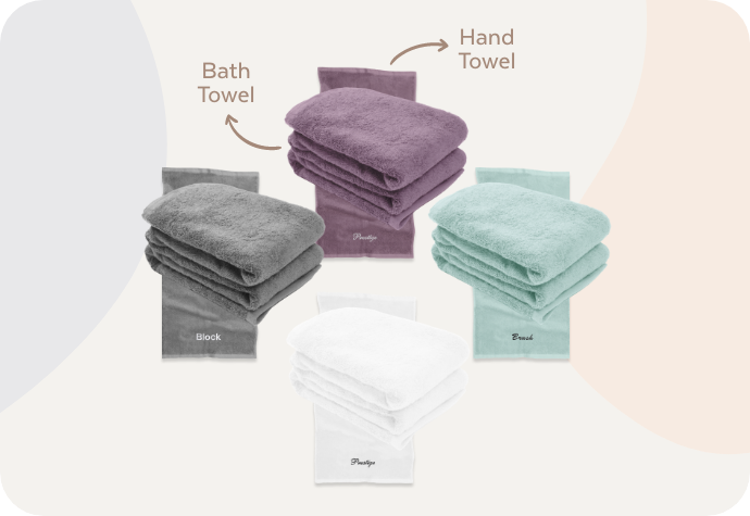 Custom Embroidered Modal Cotton Towels in Lilac Ash, Seafoam, White, and Grey.