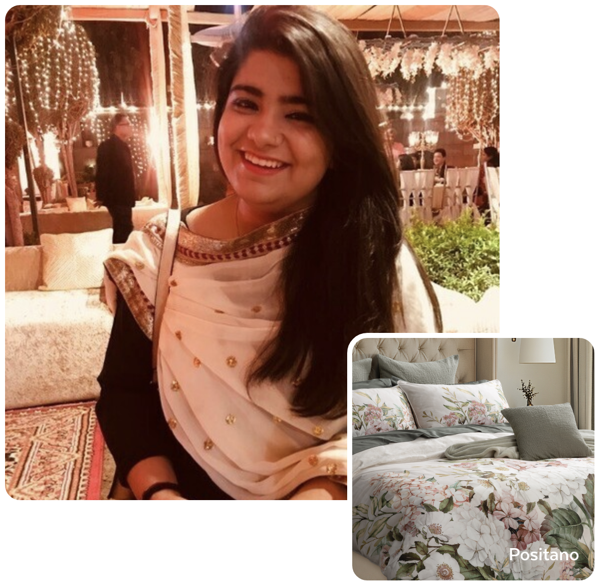 Our employee with her favourite bedding in a split image