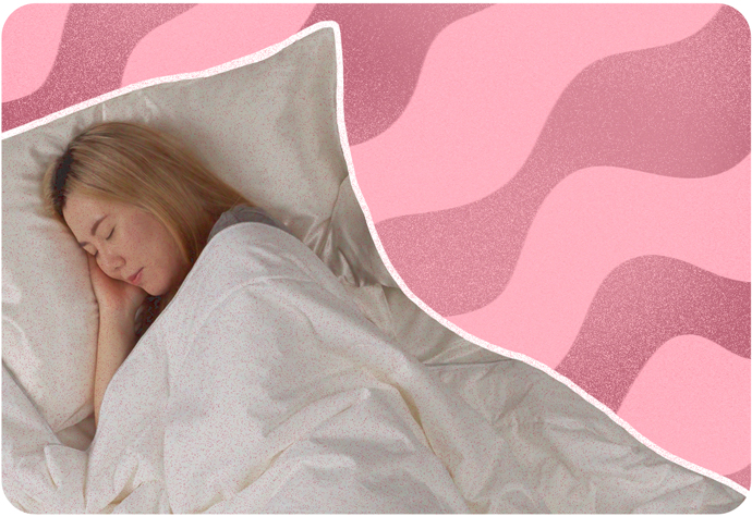 A pink wavy background with a woman sleeping on a white bed in the foreground.