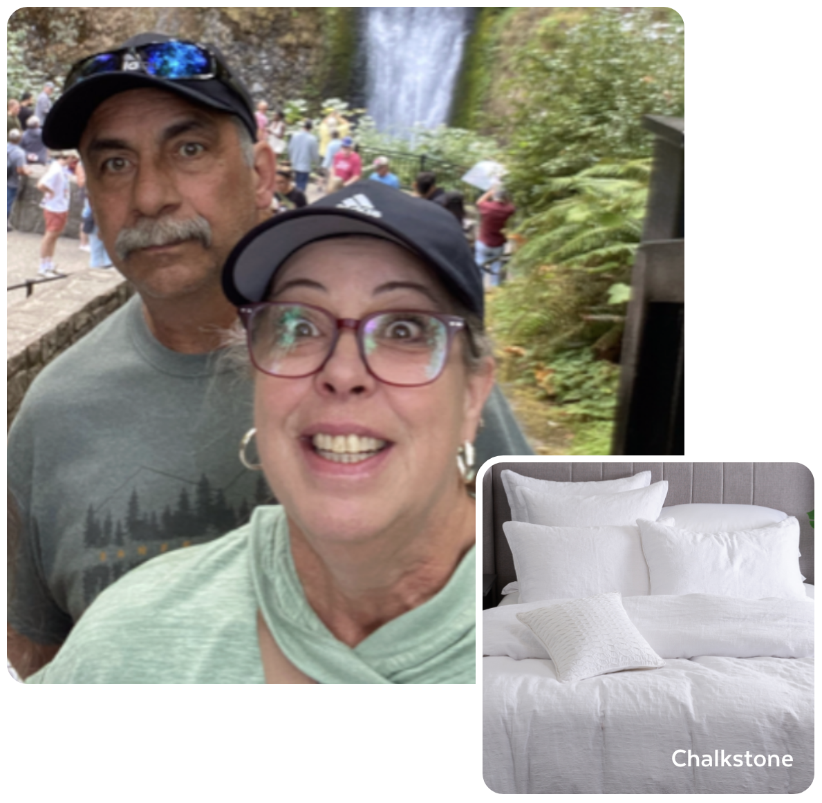 Split image of our employee on vacation and her favourite bedding