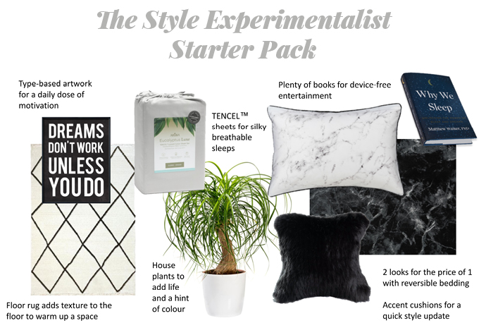 Collage graphic labelled The Style Experimentalist Starter Pack featuring multiple items on a white background