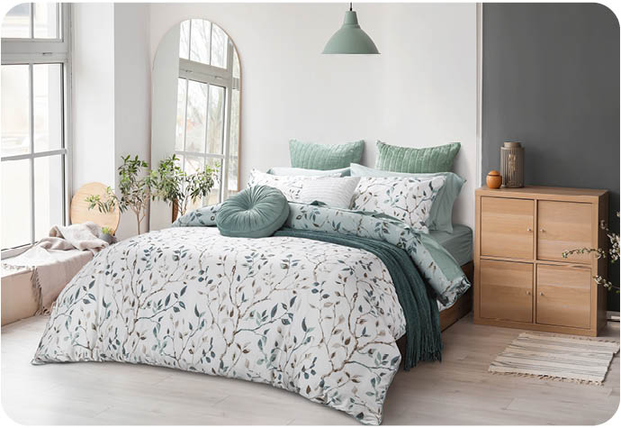 Our botanical Lakewood Bedding Collection styled with colour coordinating sheeting and accessories in a stylish bedroom setting.