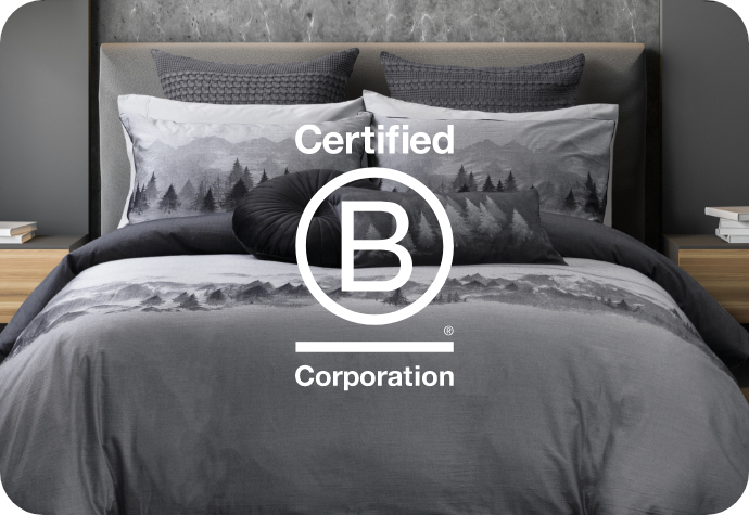 Our Plateau Duvet Cover with our B Corp logo.