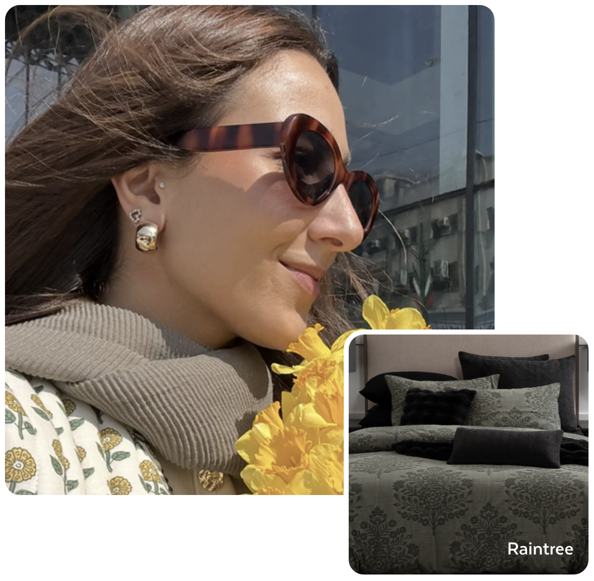 Tara M., with our Raintree Duvet Cover Set Woman with flowers, split image with the Raintree bedding collection