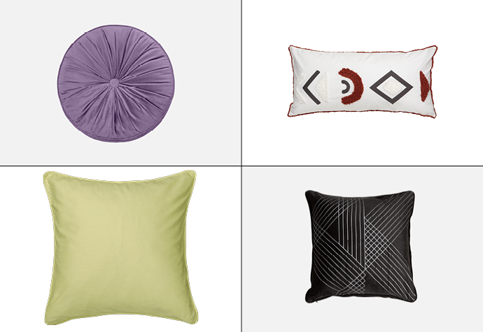 Grid of four decorative pillow types, including our Round Corduroy Cushion in Mauve, our Gibson Boudoir Cushion, Our Linen Look Euro Pillow in Willow and our black Inkstone Square Cushion.