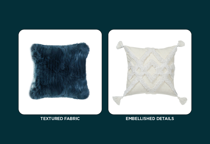Images of our Angora square cushion in Ocean, and our Diamond square cushion.