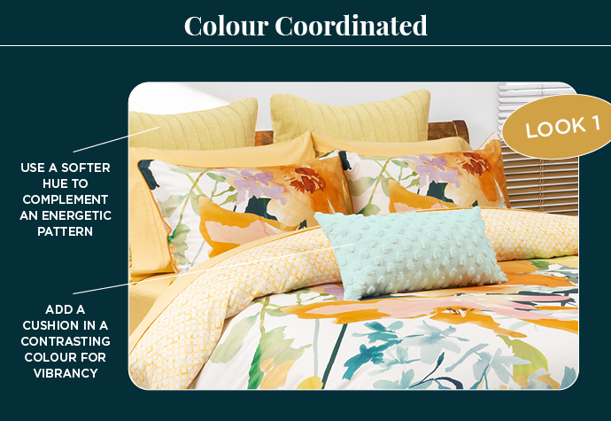 Diagram of our Zest Bedding Collection dressed with our Tufted Boudoir Cushion Cover in Harbour