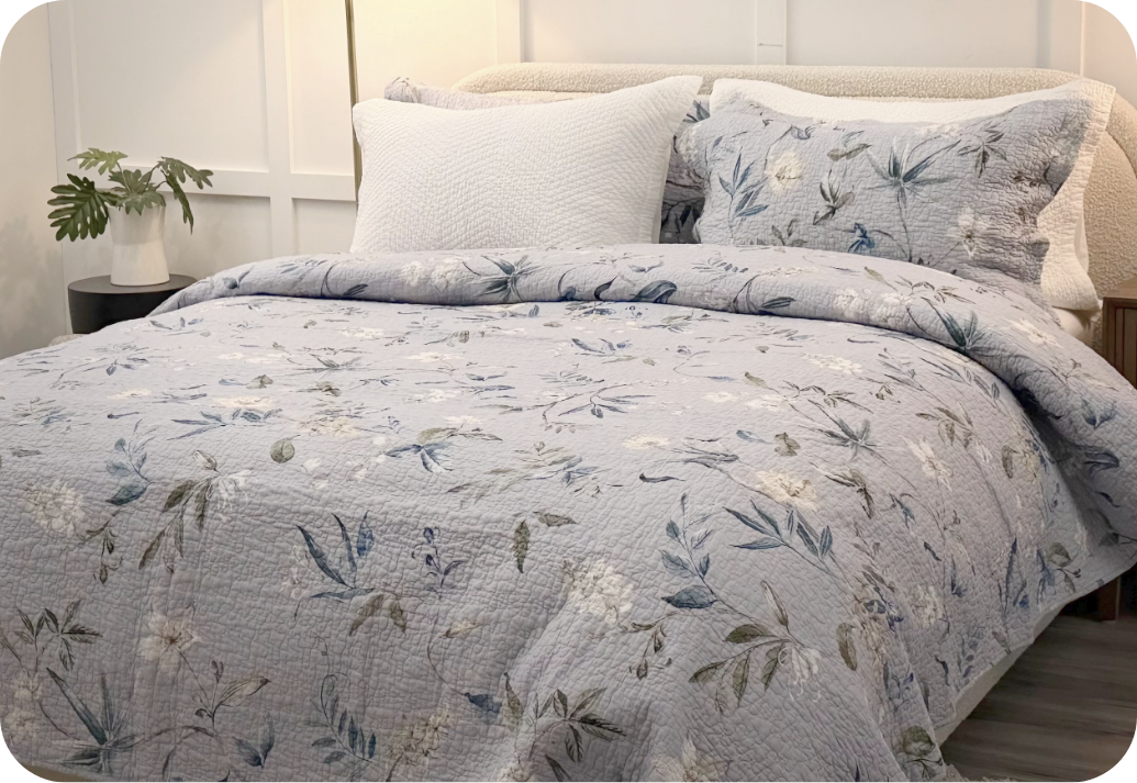 A quilt set laid on top of a bed.