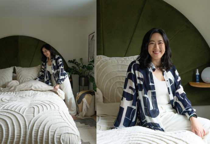 Left: Our Sonrisa bedding collection styled on a bed with a woman styling the bedding. Right: A woman sitting on a bed styled with the Sonrisa Collection.