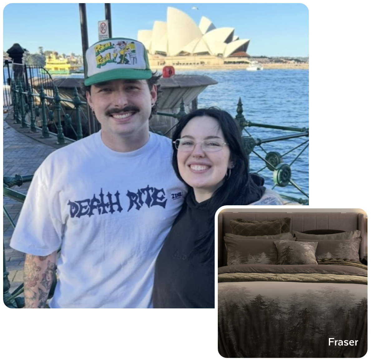Vaughn in Australia ft. his favourite bedding Split image of our employee and his favourite bedding