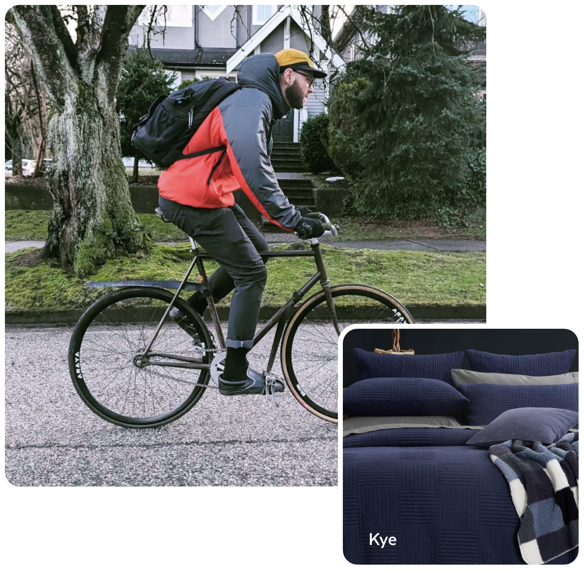 Vitor L., riding a bike, and his favourite QE bedding Image of our employee biking and his favourite bedding