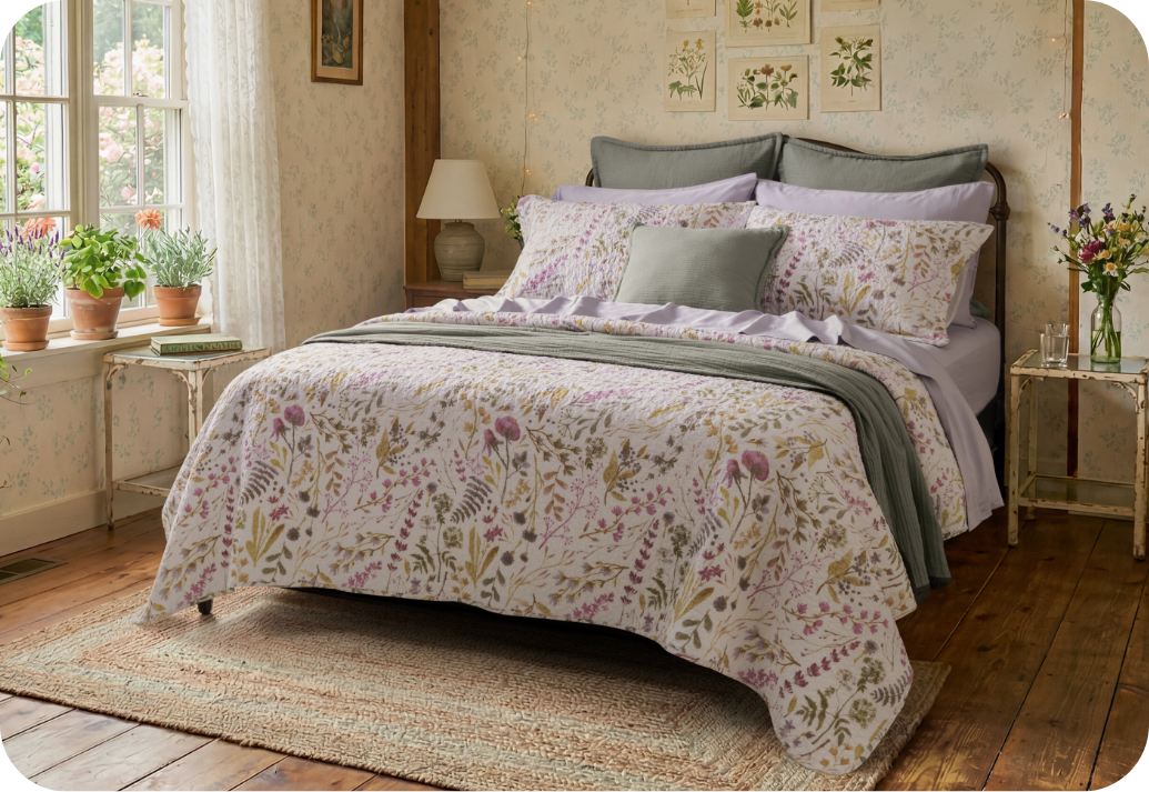 Our Zoey Quilt Set dressing a queen bed in a cottage